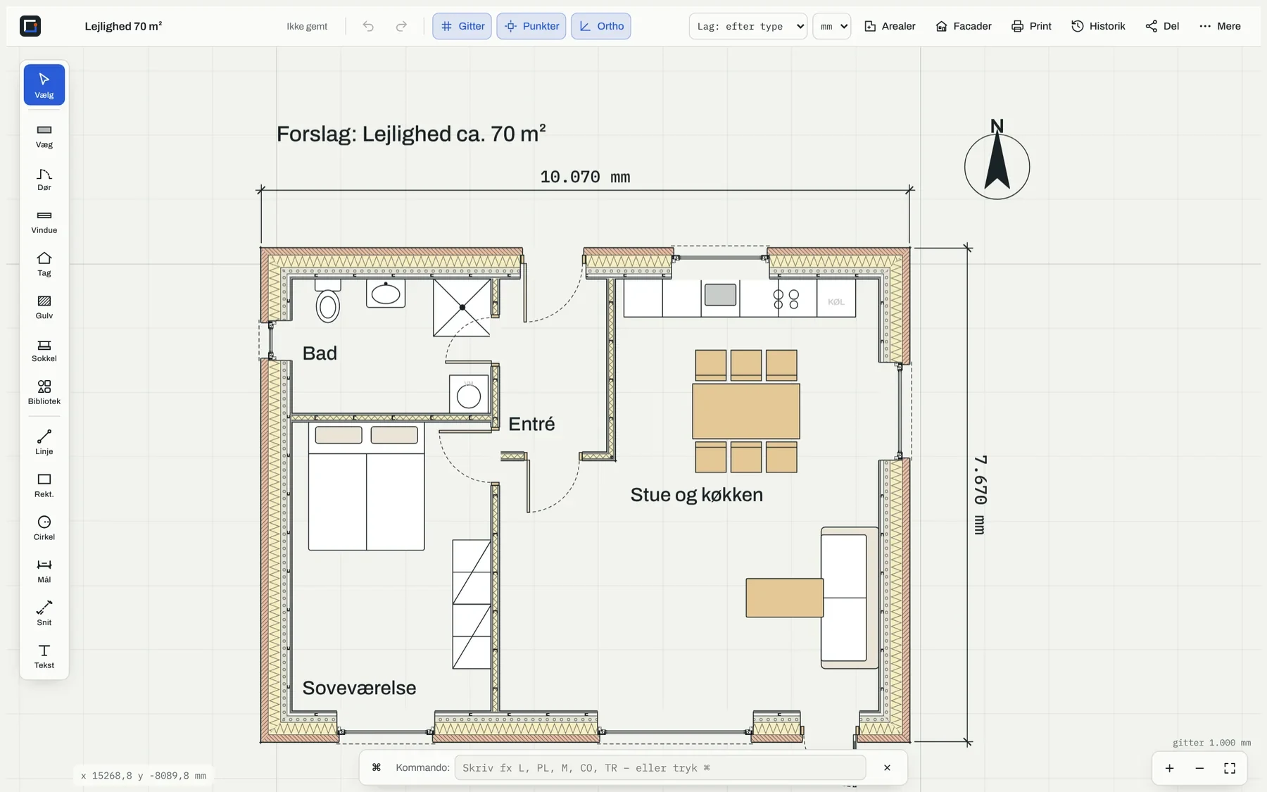 Plantegning af en lejlighed med rumnavne, m² og møbler