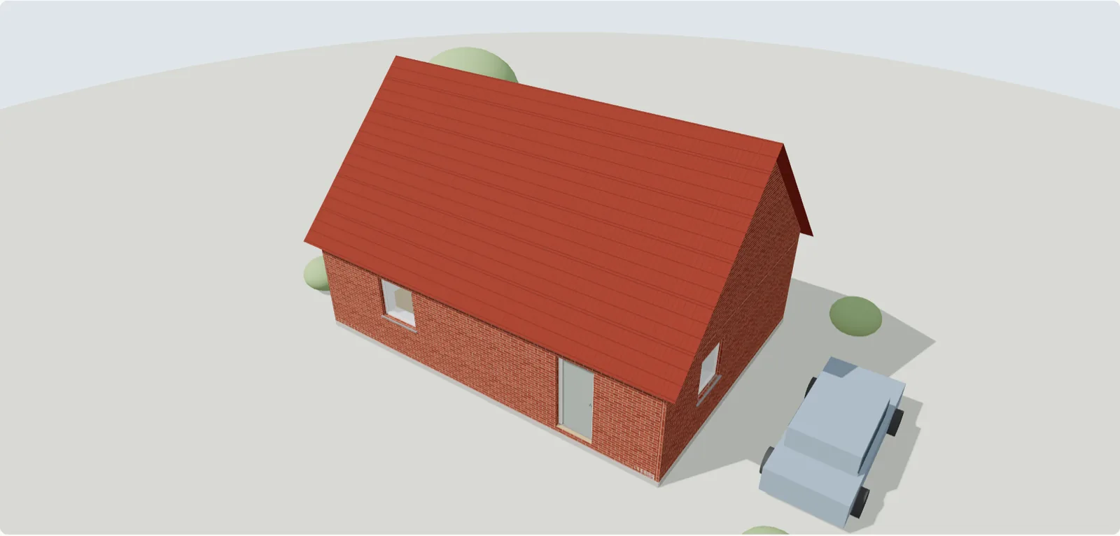 Plantegningen vist som hus i 3D med tag, træer og bil