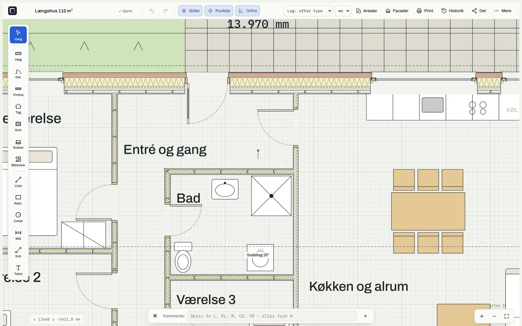 Plantegning af badeværelse med bruseniche, wc og håndvask i Lav Plantegning
