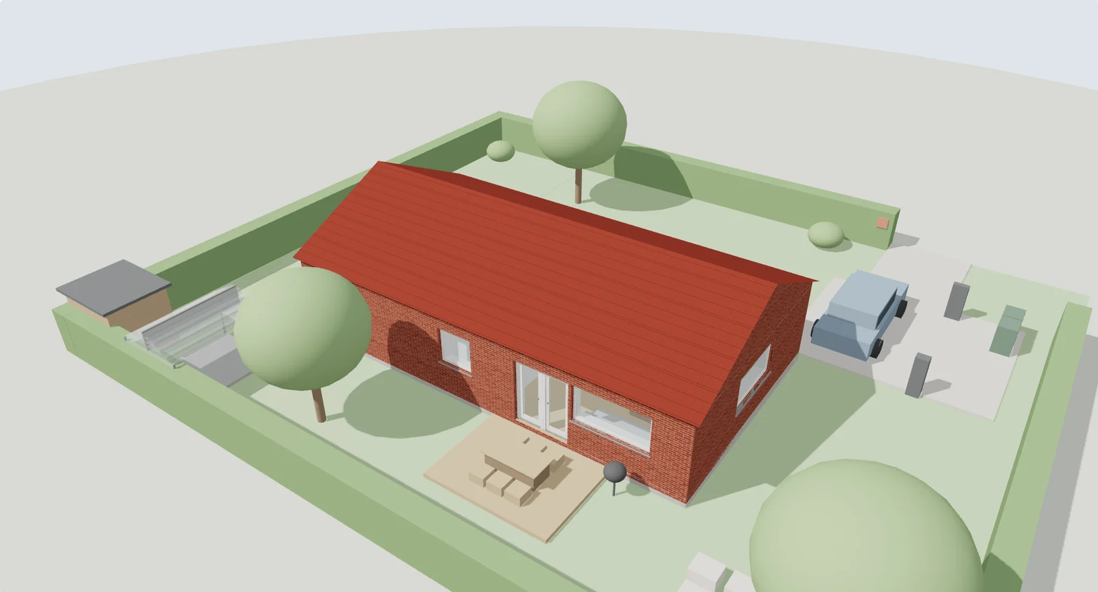 Hus med skur og drivhus i haven, vist i 3D i Lav Plantegning